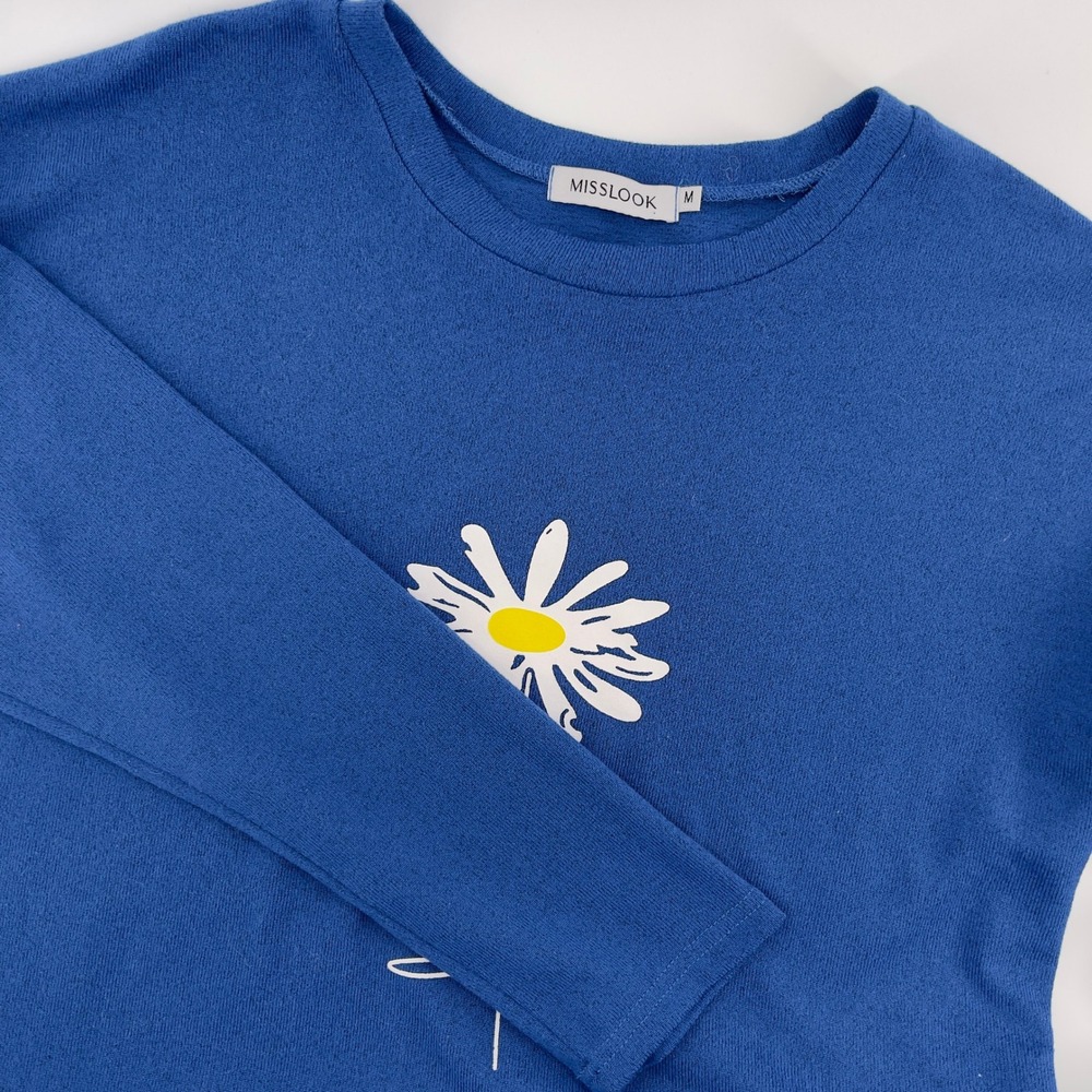 MISSLOOK Blue Daisy‎ Flower Print Long Sleeve Top Size M